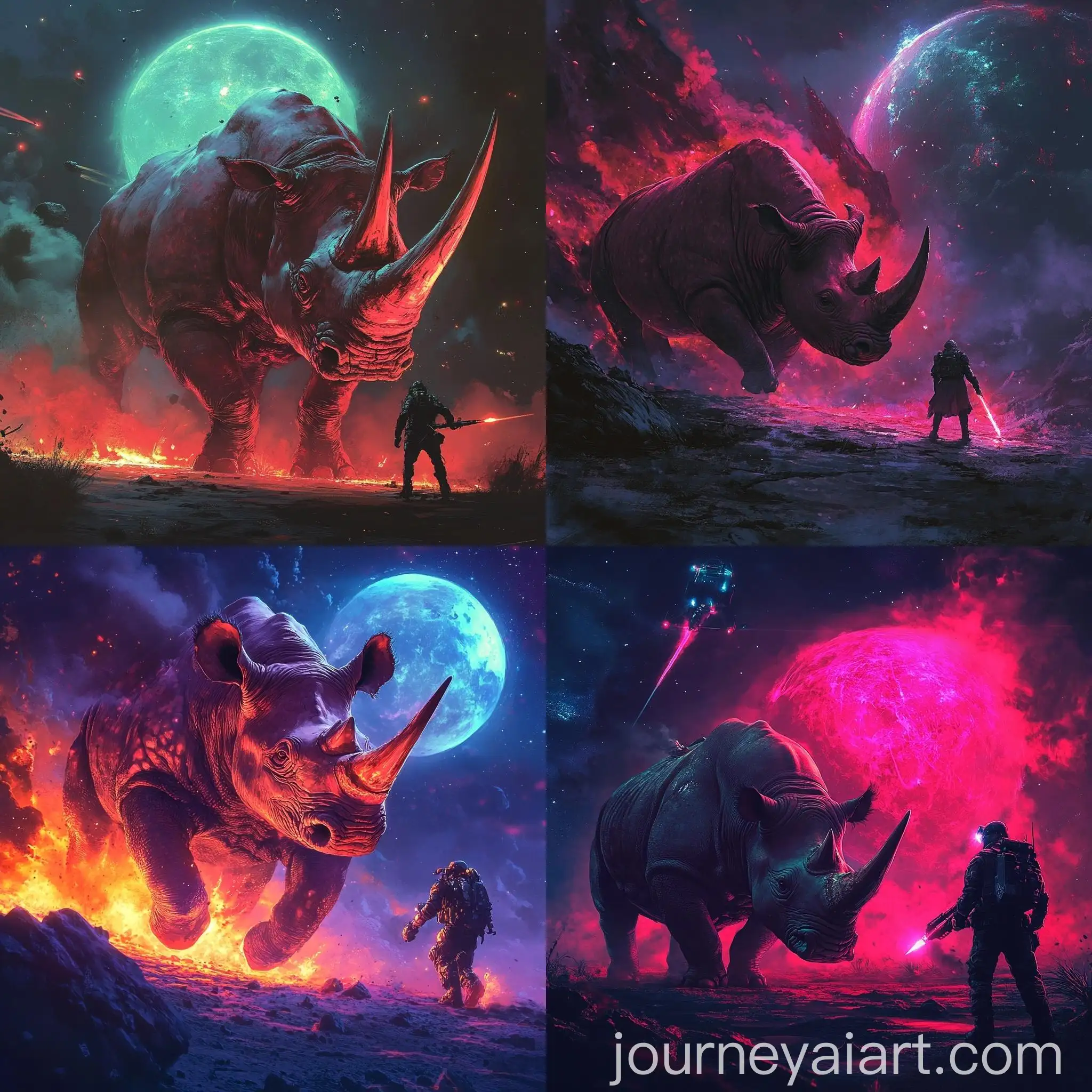 Red-Rhino-Fighting-Alongside-Humans-on-Glowing-Planet