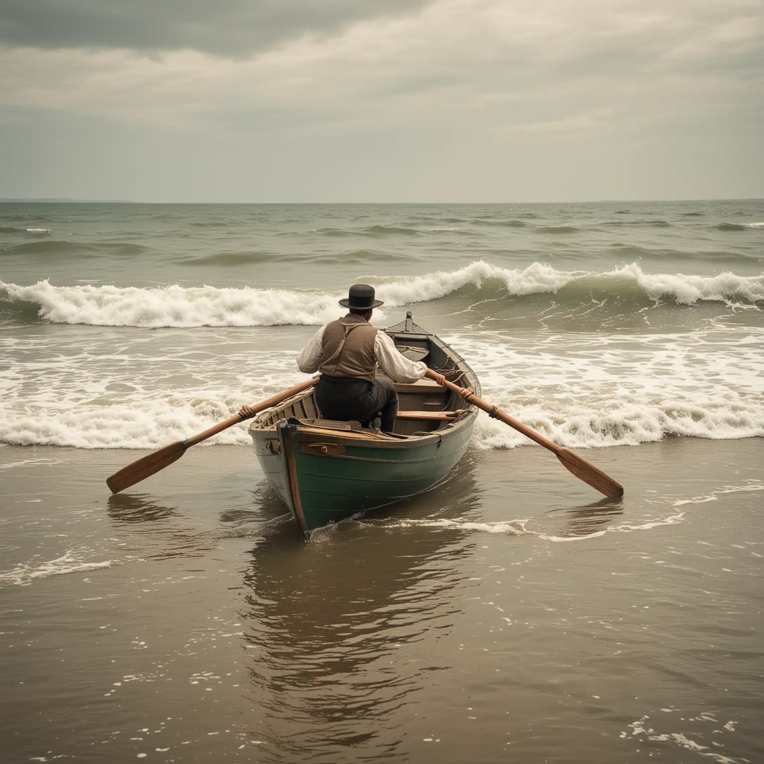 Victorian Man Rowing Boat Ashore from the Sea