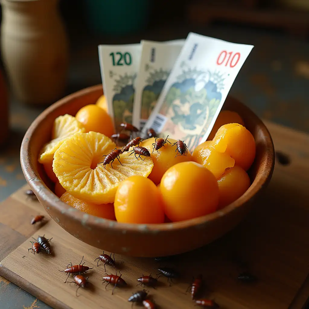 packet of crisps, £10 notes and earwigs in a fruit bowl