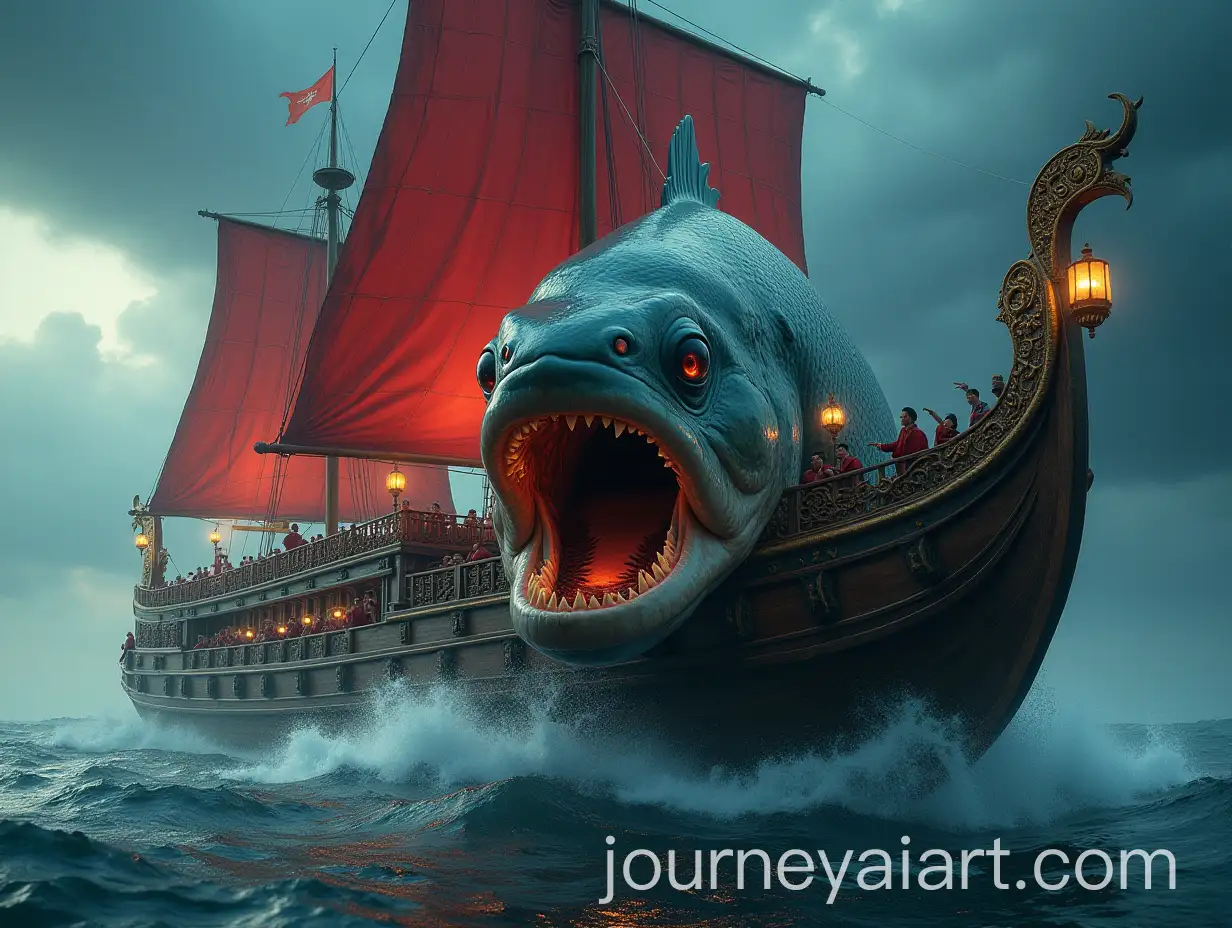 Chinese-Junk-Ship-Battling-Giant-Sea-Creature-in-Stormy-Ocean
