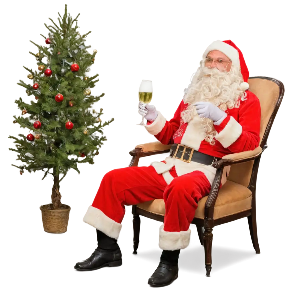 Santa-Claus-PNG-Image-Sitting-in-an-Armchair-with-Cuban-Cigar-and-Champagne-Toast