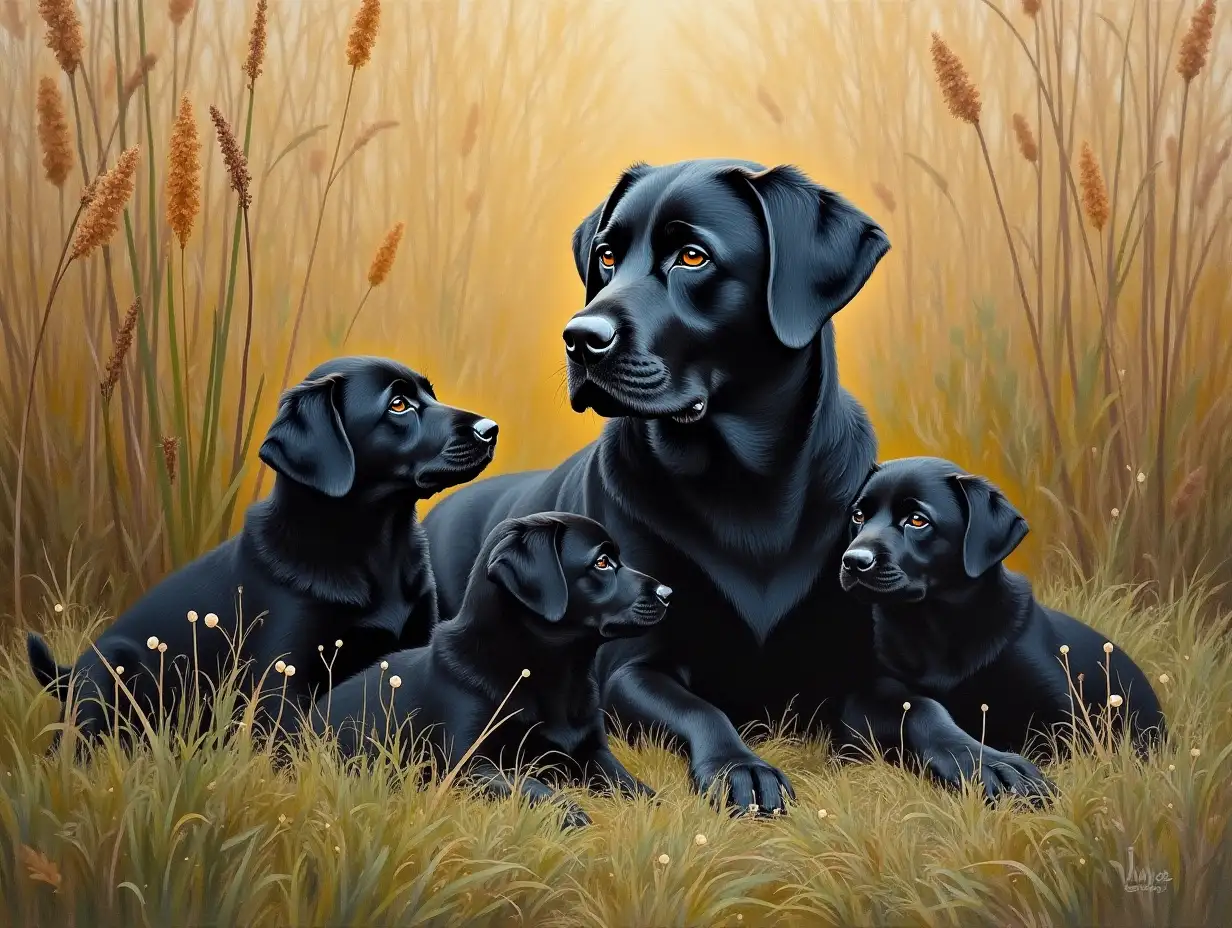 Jim Killen Style Painting of Black Labrador Retriever and Playful Puppies in Natural Sanctuary