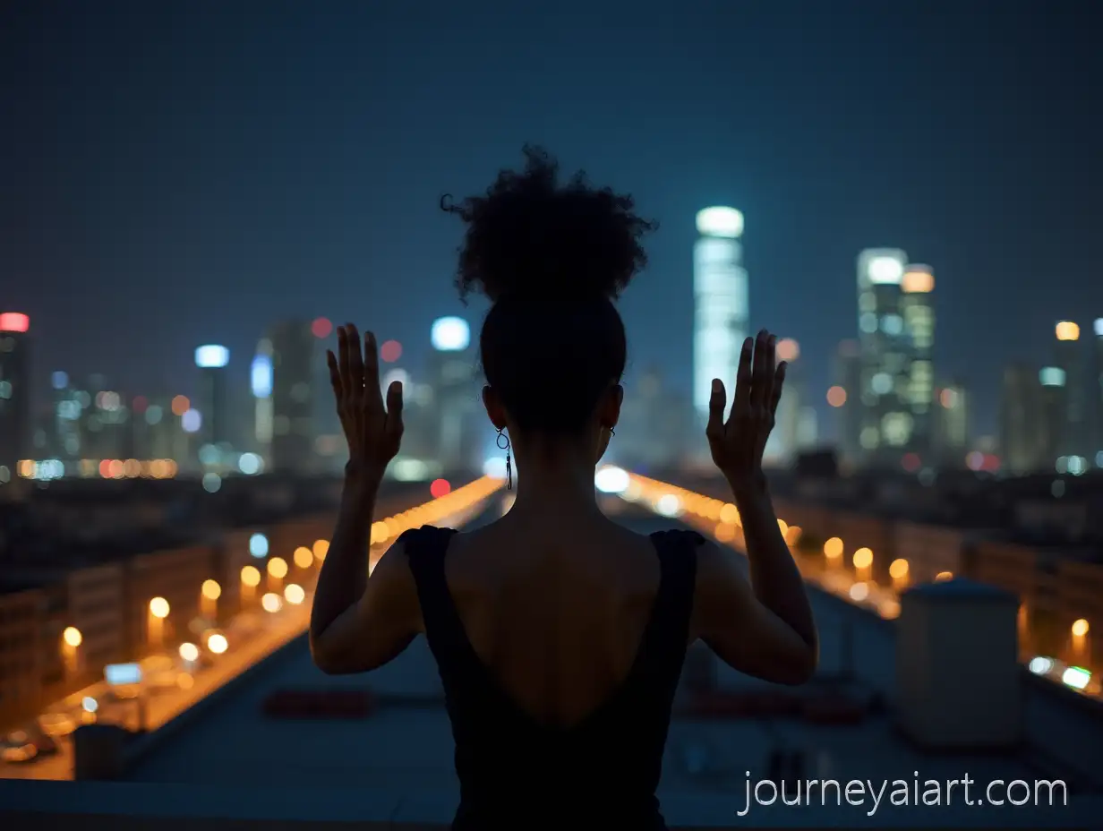 African-Woman-in-Black-Dress-withAfrican-woman-night-city-Afro-Hairstyle-Standing-on-Rooftop-at-Night-in-Modern-City