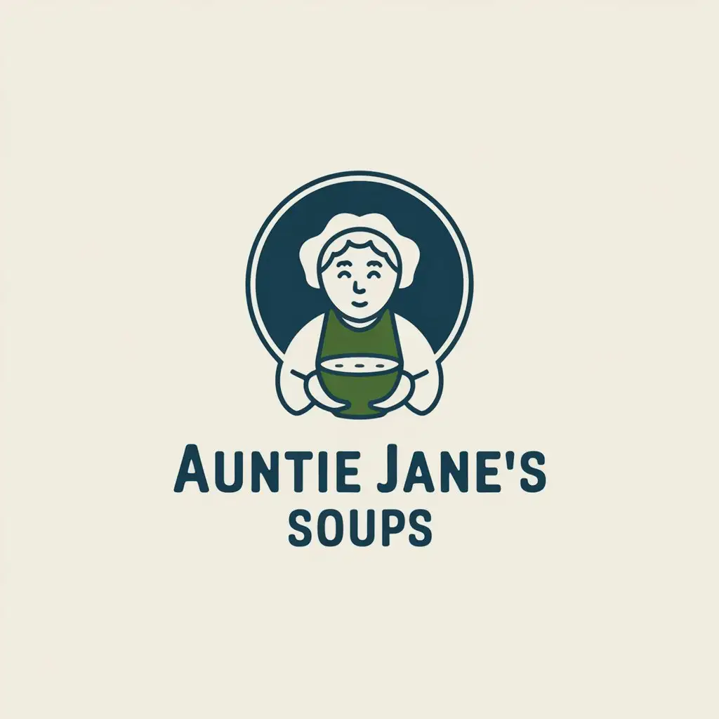 LOGO Design for Auntie Janes Soups Minimalistic Vector Design with Dark Blue Green Featuring an Elderly Woman Symbol