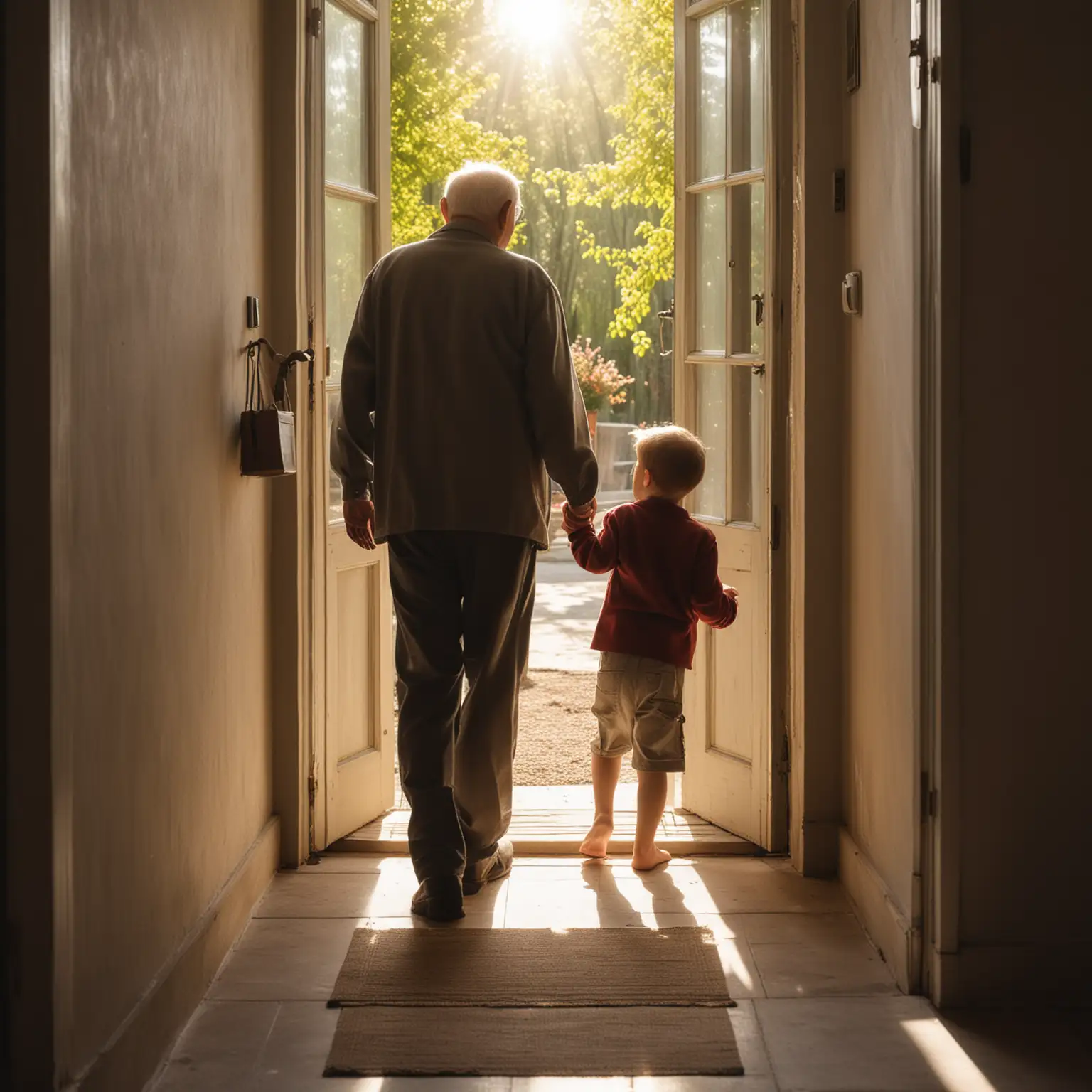 Sunlight shines at the doorstep, grandfather and child together return home, waiting outside for the door to open