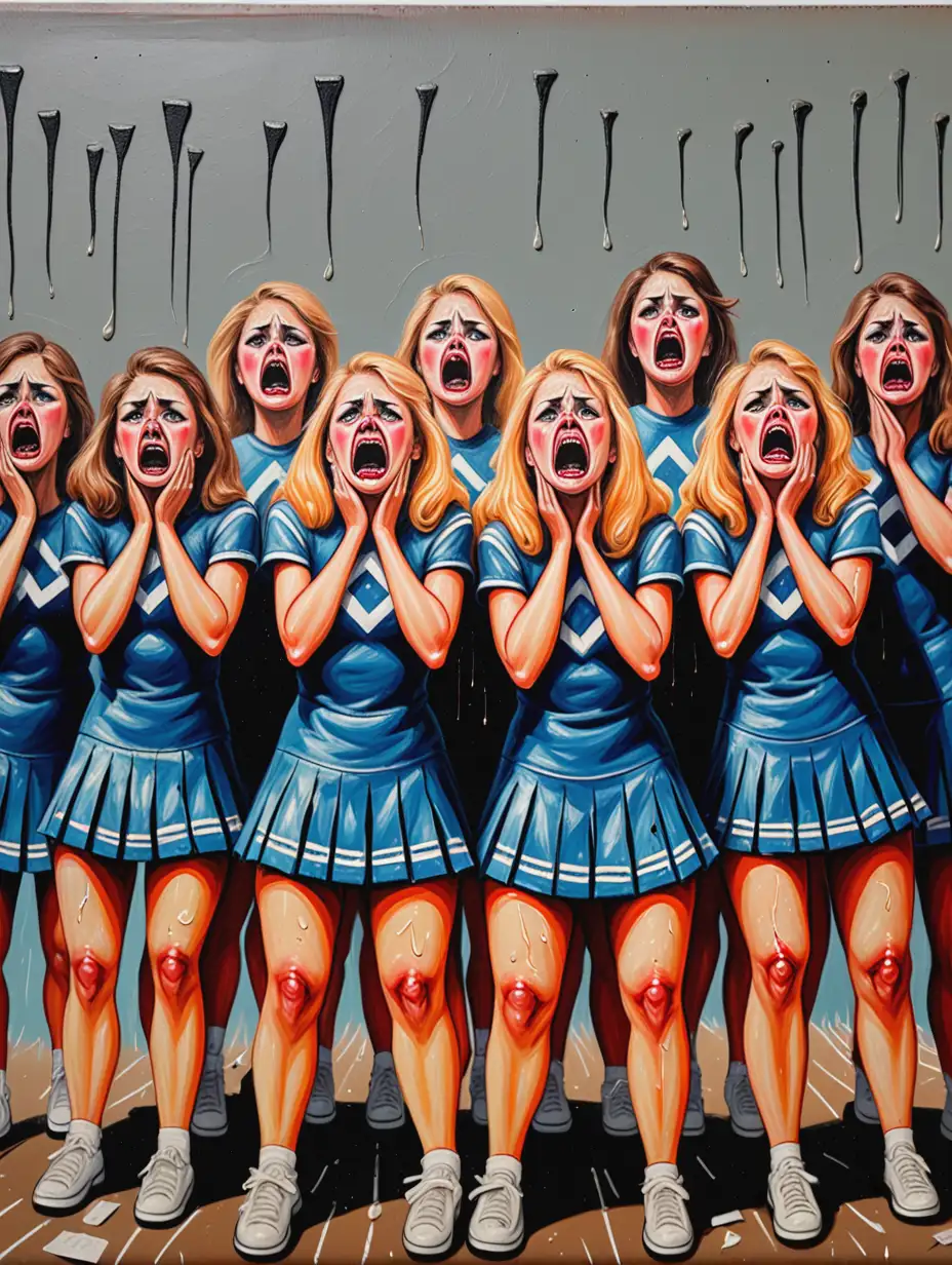 outsider art of a group of crying cheerleaders, bad painting, amateurish, no skill, brutalist