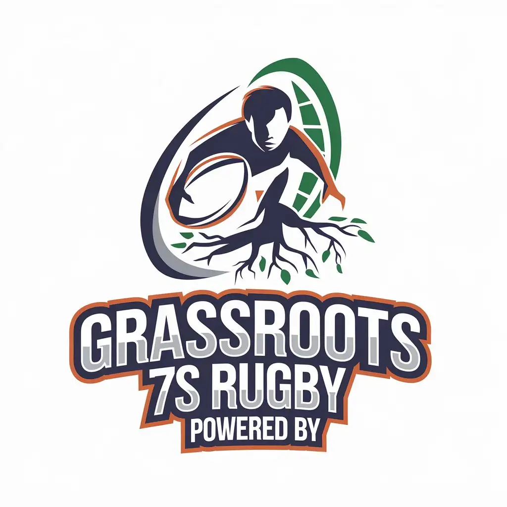 LOGO Design for Grassroots 7s Rugby Minimalist Rugby Player with Roots Symbolizing Growth