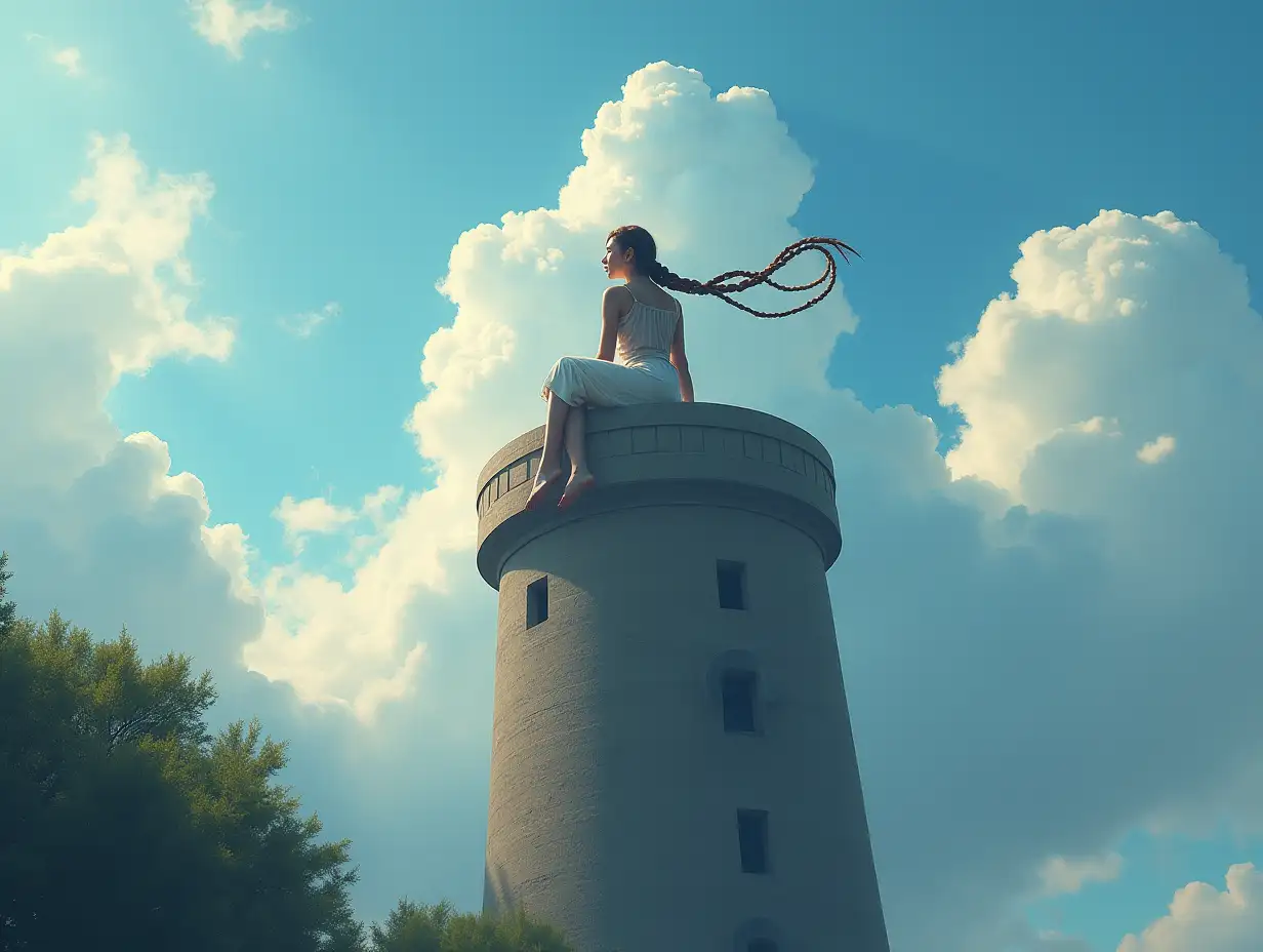 Create a high-resolution, realistic digital image with a woman sitting on a very tall tower and letting down her long hair braids with clouds blue sky and trees