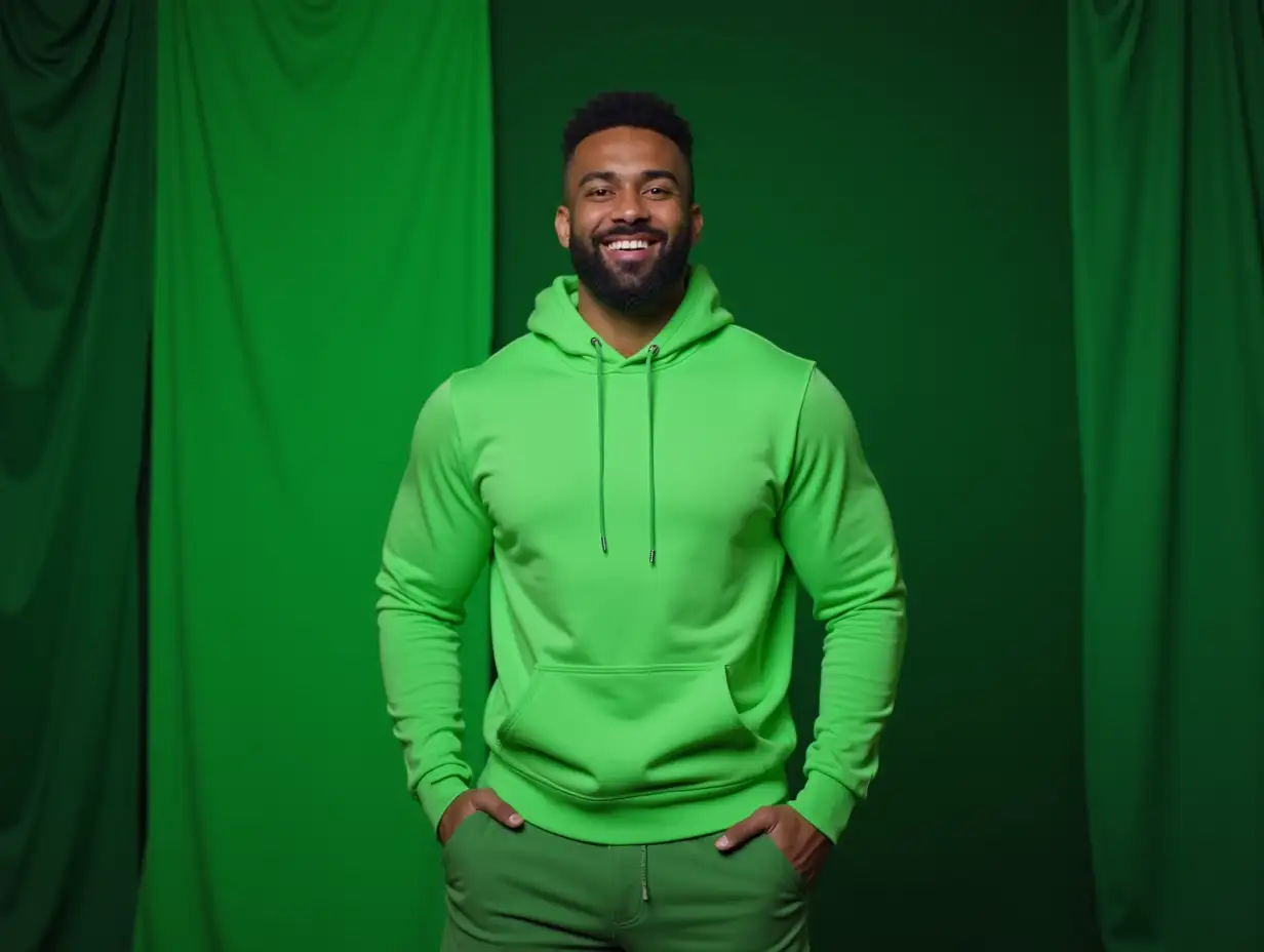 The confident fitness enthusiast with a black beard is the undeniable star of the show. His stylish attire, comprising sweatpants and a radiant green hoodie, exudes a sense of modernity and athleticism. The background is Studio space with Volumetric green Light with green fabric decor in different tones.