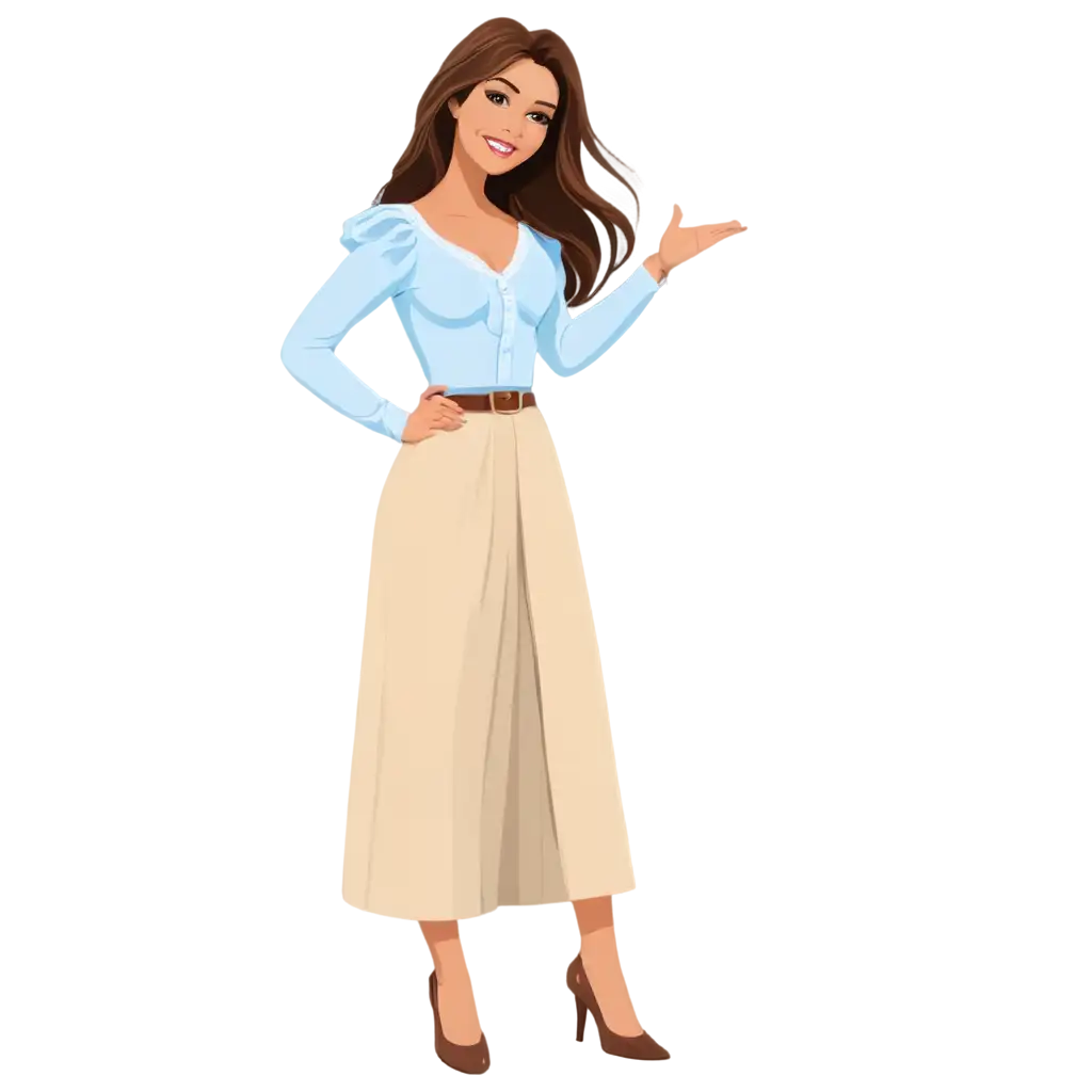 Vector-Latina-Girl-with-Brown-Hair-in-Blouse-and-Jean-Long-Skirt-PNG-Image