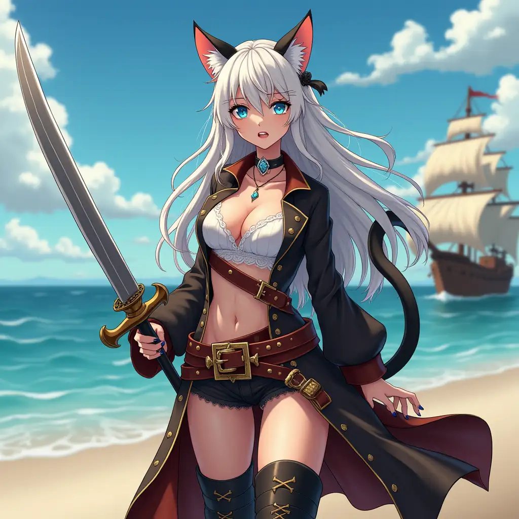 A mature adult tall feline/woman dressed as a pirate with a sword on a beach. A pirate ship in the background. Her 30-something years are disguised by her youthful facial features, except for her subtle wrinkles around the eyes, extremely slender body. Her ample bosom strains against her clothing, threatening to burst free from the fabric, extreme cleavage. Midriff. Wearing black thigh high pirate boots. She has piercing blue cat eyes. A choker adorns her neck, a subtle hint at her feline nature. Her long, white hair cascades down her back like a wild waterfall, tangled and disheveled. Her cat-like teeth glint in the light, as her white fur-lined ears punctuate her visage with sparkling black and gold earring adorns each ear, adding a touch of elegance to her feline features. Cat whiskers on her face. The attached tail at the base of her spine stirs lazily. Long fingernails. Full body view. Anime.