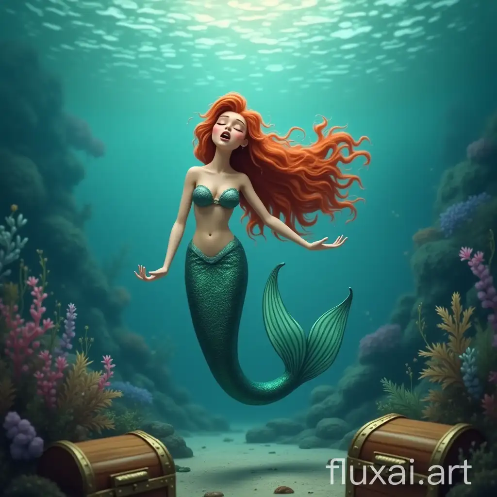 a ginger mermaid sings underwater with treasures in the background