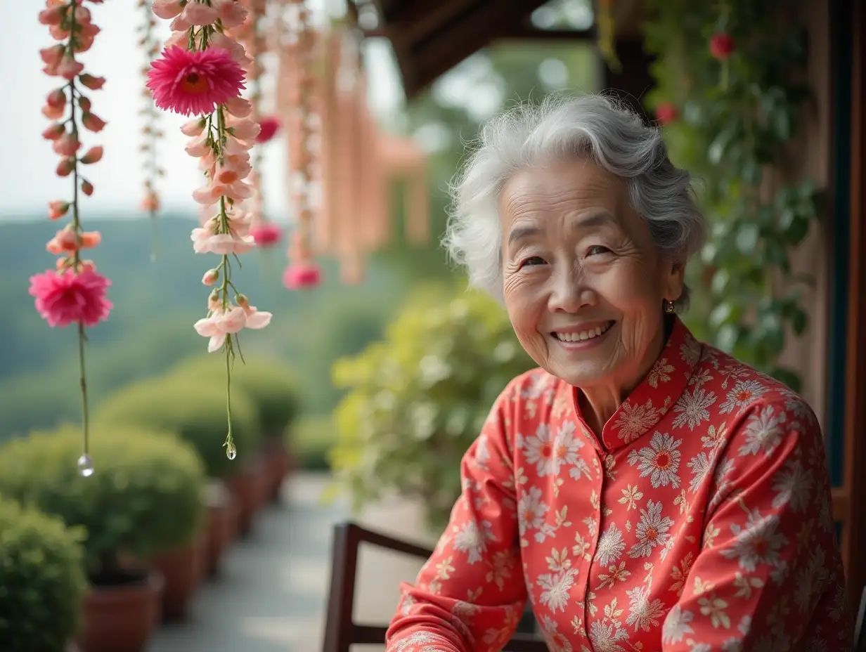 Create an image of an older Asian woman with a smile on her face and a beautiful dress sitting on a terrace with hanging flowers as part of the details and lighting.