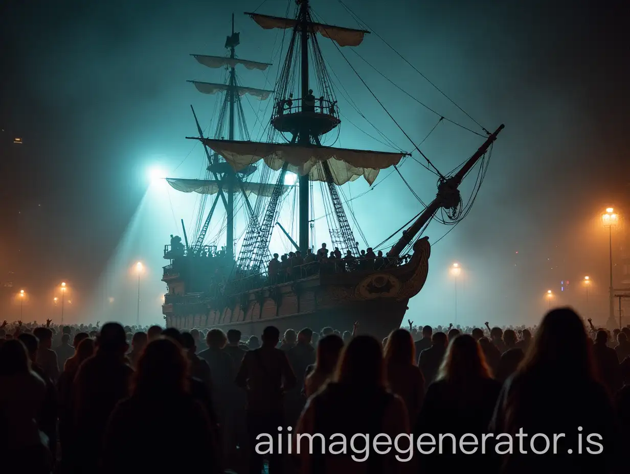 Pirate-Ship-Concert-in-Foggy-Street-with-Rock-Band-Performance