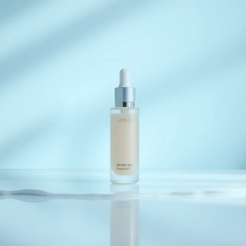 A premium Vitamin C serum bottle positioned on a sleek, reflective surface with a backdrop of soft blue and white gradients. The composition features smooth, clean lines, subtle highlights on the glass, and a hint of mirrored reflections beneath the product. Shadows are crisp but minimal, conveying purity, luxury, and clinical sophistication.