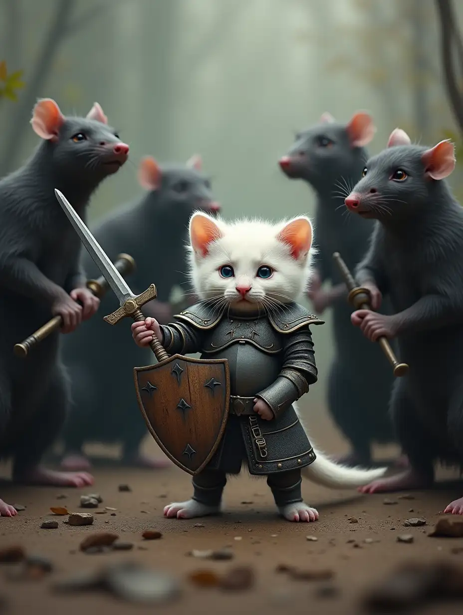 A little white humanoid kitten in knight's armor, hiding behind a shield and swinging a sword at a group of five black big rats, they surround him. Rats are armed with clubs and curved knives. Photorealism.