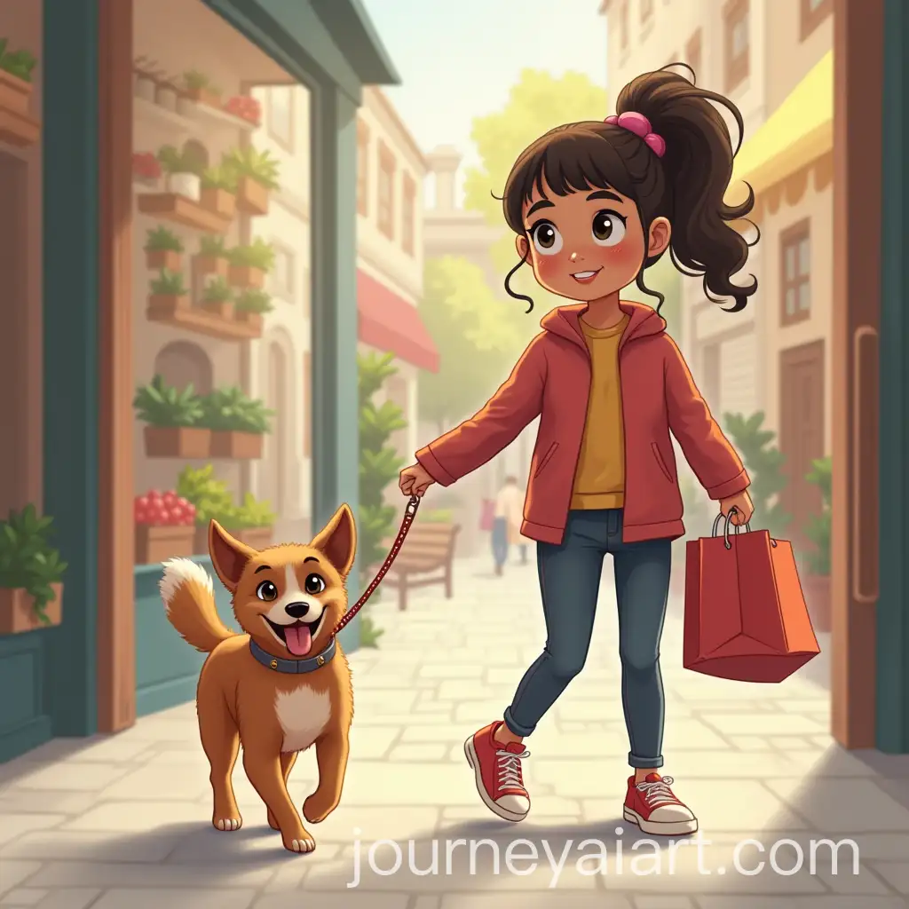 Girl-Walking-Dog-While-Shopping-in-Urban-Setting