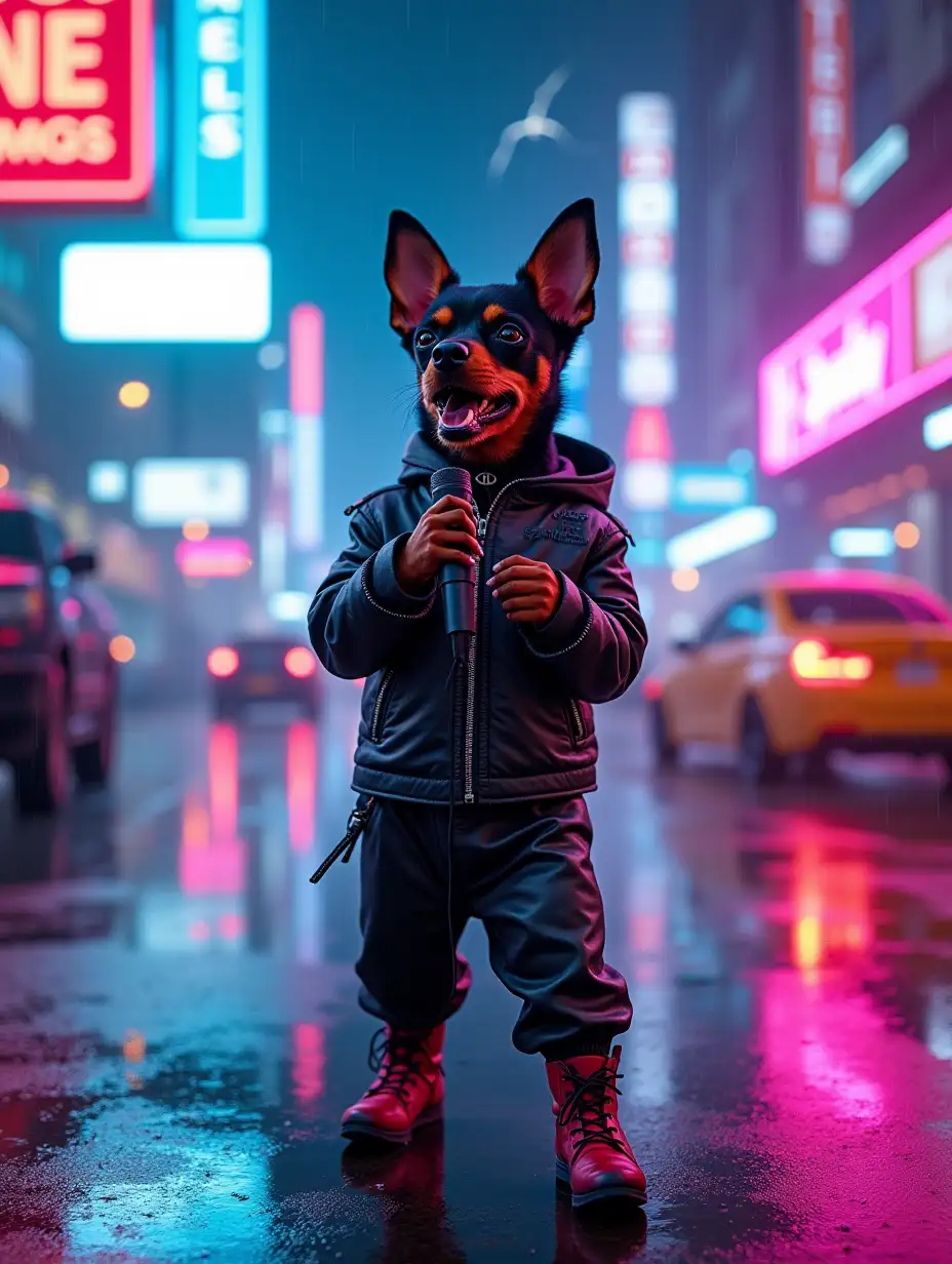 A stylish black and red miniature pinscher in a futuristic leather jacket and leather trousers, singing passionately into a neon microphone he holds in his paws and standing full-length on a rainy cyberpunk street at night. Neon signs with inscriptions in English are reflected in puddles, cars fly by in the sky, it's raining heavily. The dog moves dynamically - stomping his paw dressed in stylish shoes, nodding his head slightly and swaying as he sings. The camera slowly circles round him with a light zoom and rain effects on the lens. Lightning flashes in the distance. The scene is dominated by bright colours: electric blue, pink and purple.