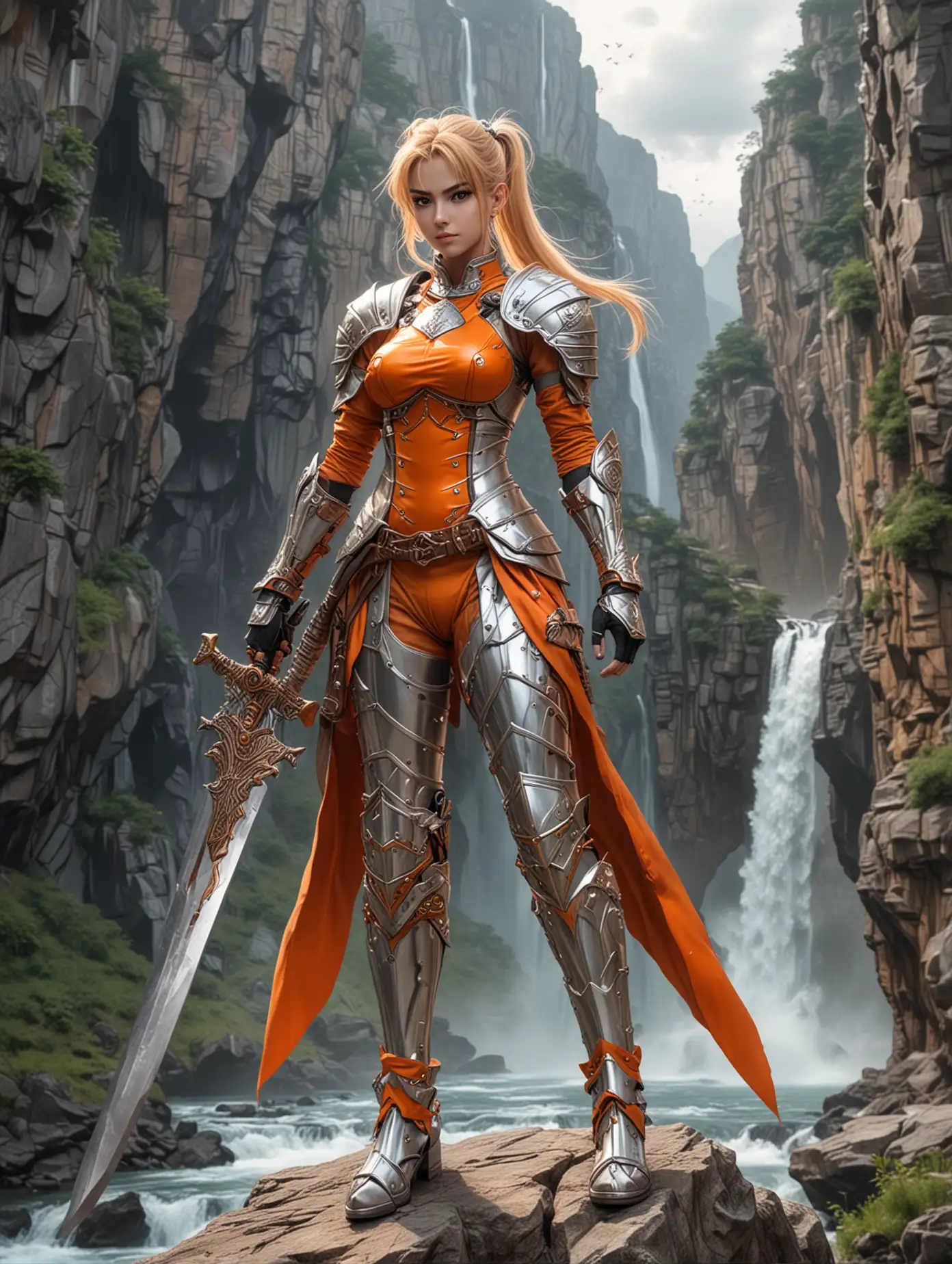 Anime-Warrior-Woman-in-Tactical-Armor-with-Giant-Sword-Amidst-Natures-Beauty