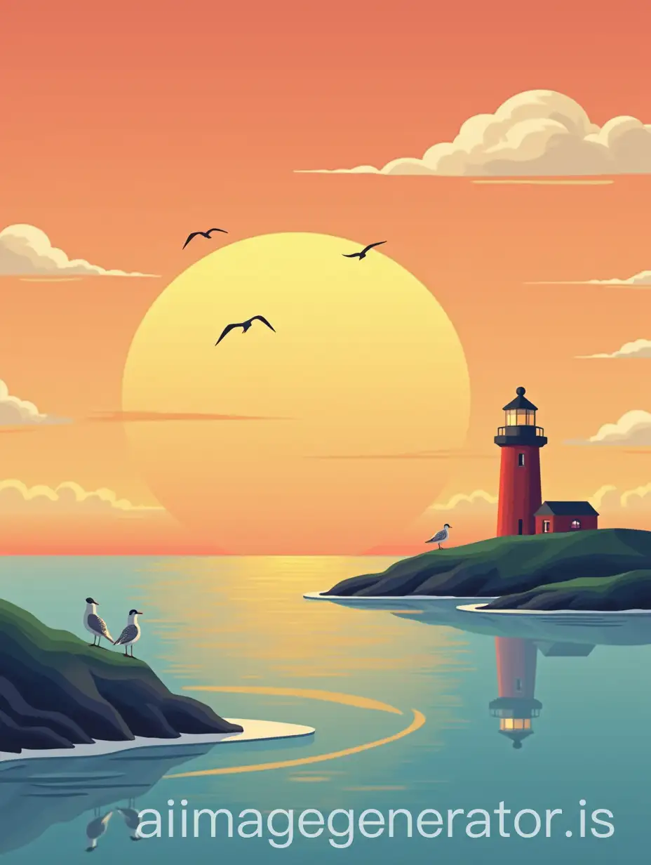 Flat style trendy sense of the northern sea sunset landscape illustration, with sunset, a little cloud (not too obvious), two to three seagulls, lighthouse, island, vertical rectangle composition, only one sun, large sky area, small solar area, close to the horizontal line, 9:16 composition, sun in the left of the picture, not in the middle, objects not too realistic