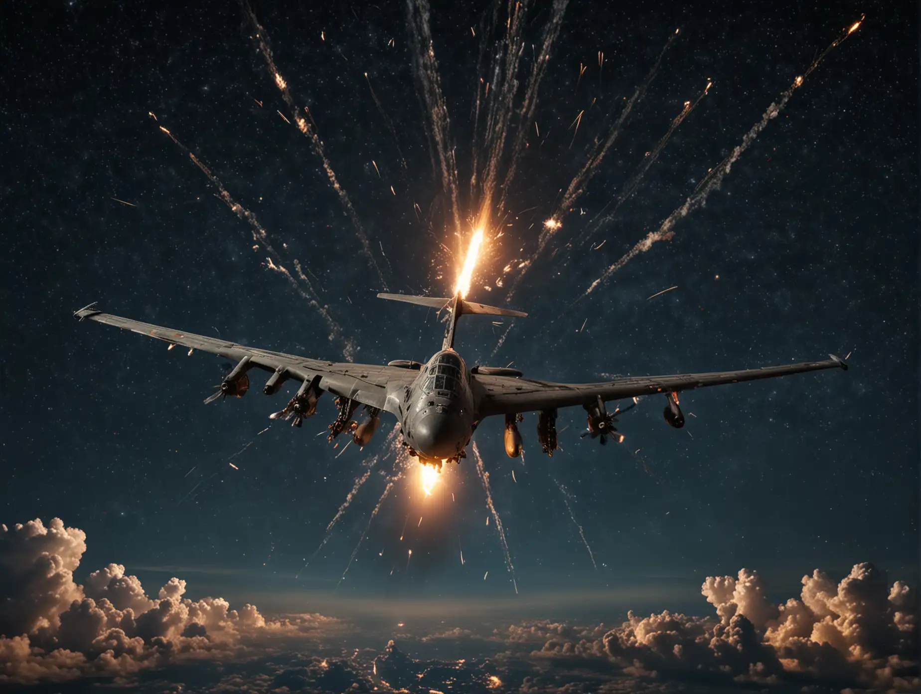 Military-Aircraft-Patrolling-the-Night-Sky-with-Explosions