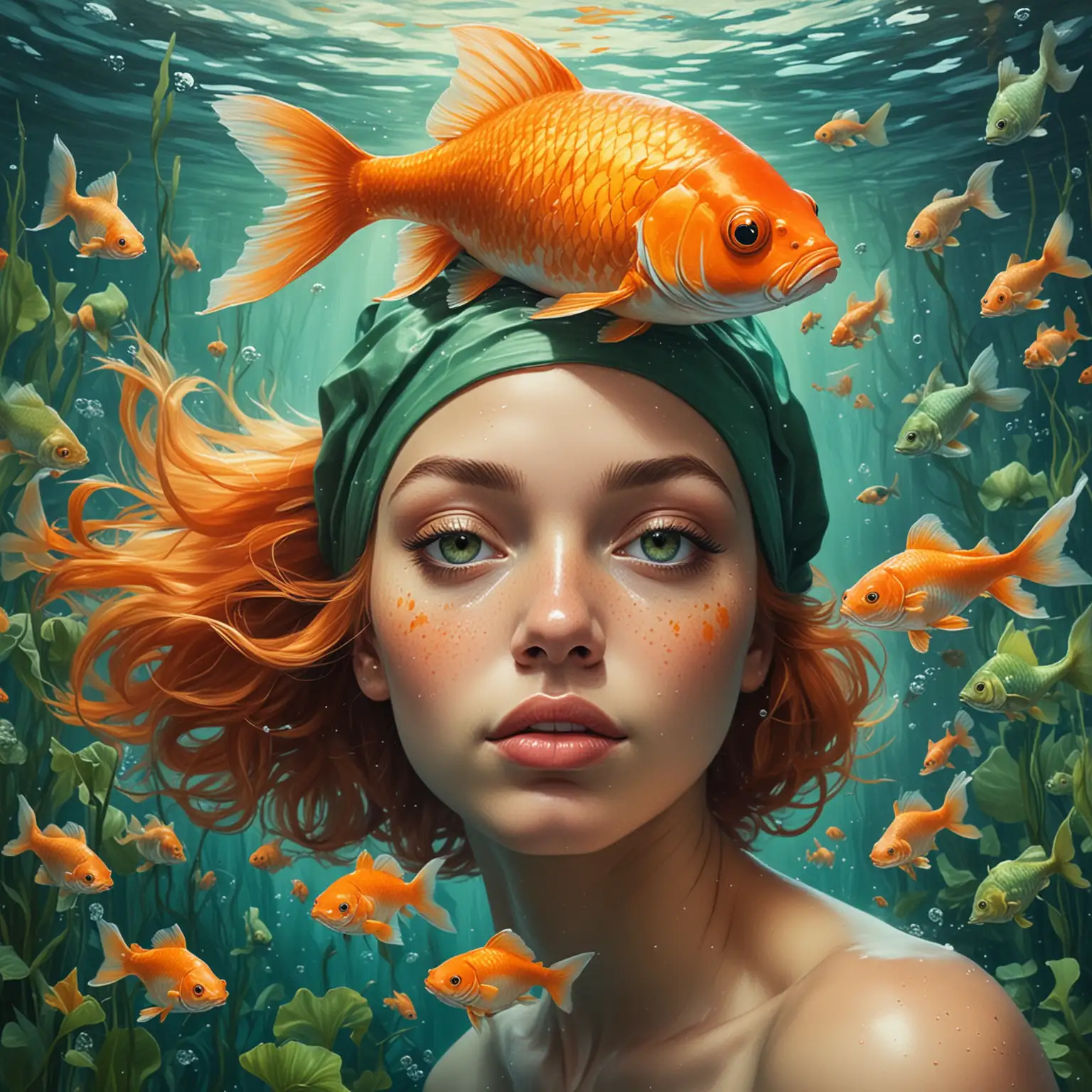 Whimsical Underwater Scene with DarkSkinned Girl and GingerHaired Man Surrounded by Goldfish