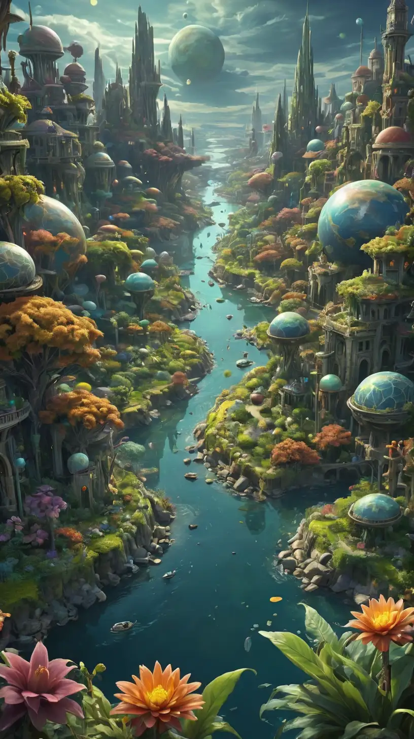 Alien Planet with Bioflanzen Rivers and Shimmering Plant Cities