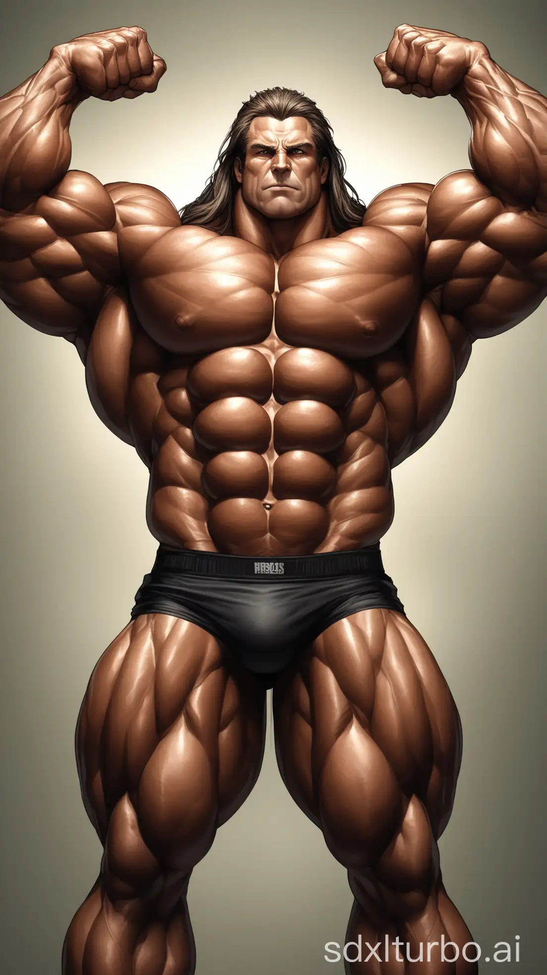 he is a superhuman, depicted as a giant and muscular individual with an exaggerated physique. He possesses an incredibly large, strong body, featuring a massive chest and oversized biceps, as well as a beautifully defined 8-pack set of abs. His legs are particularly notable, very long, thick, and towering, contributing to his immense stature. The character is an older man with long hair, adding an additional layer of distinction to his appearance. The image is composed with the subject raising his arms to proudly showcase his enormous biceps, emphasizing his muscular strength.