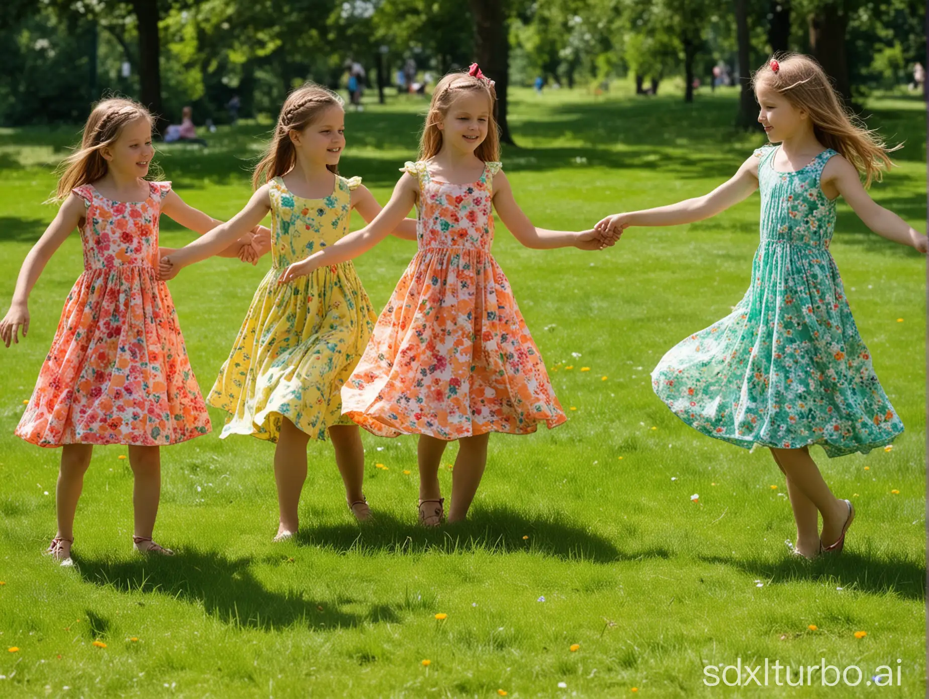 a sunny green park-in the grass three ten years old girls in colorful summer dresses-building a dancing circle.