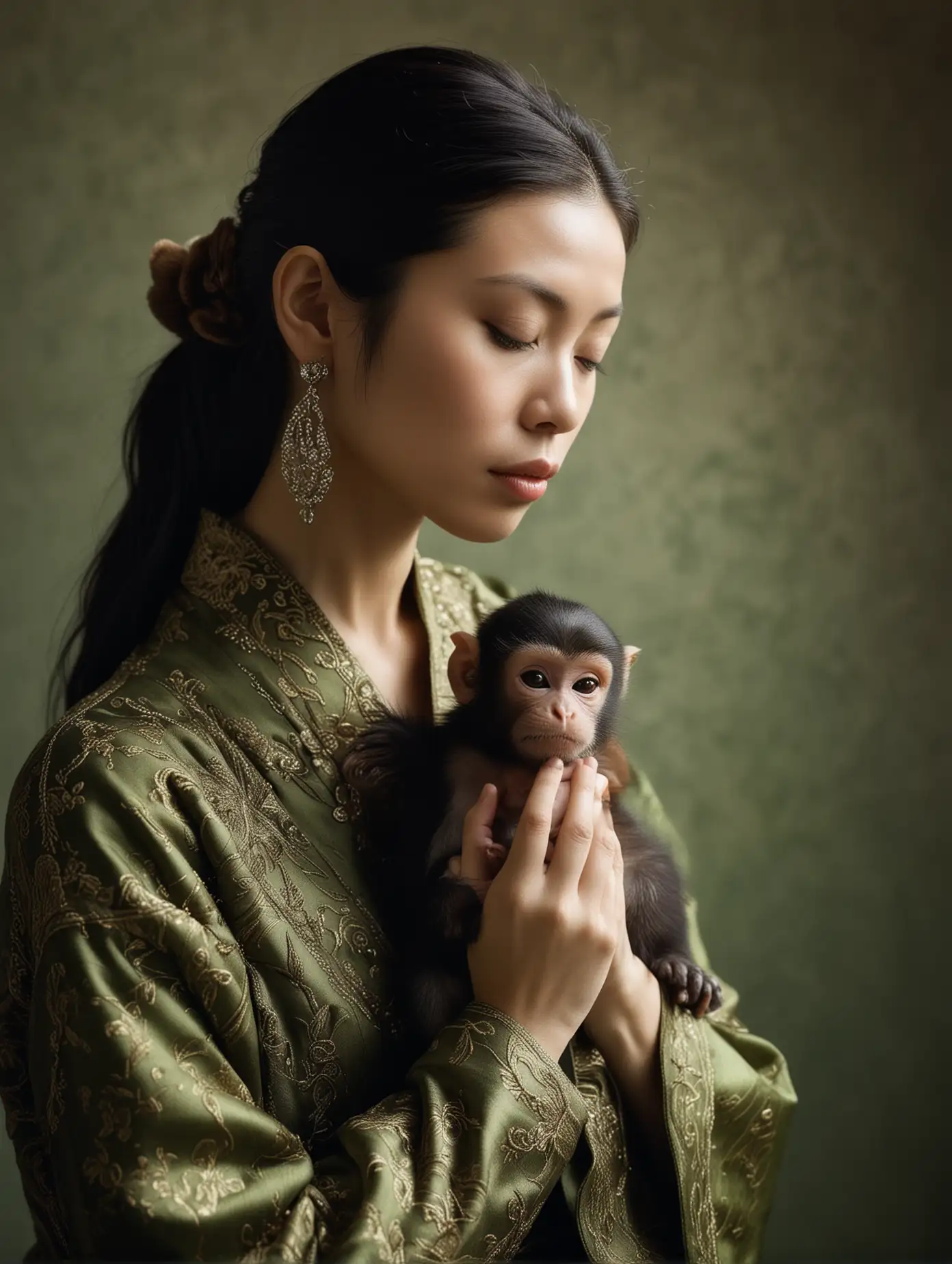 Asian-Female-Model-Holding-Meditating-Monkey-in-Serene-Composition