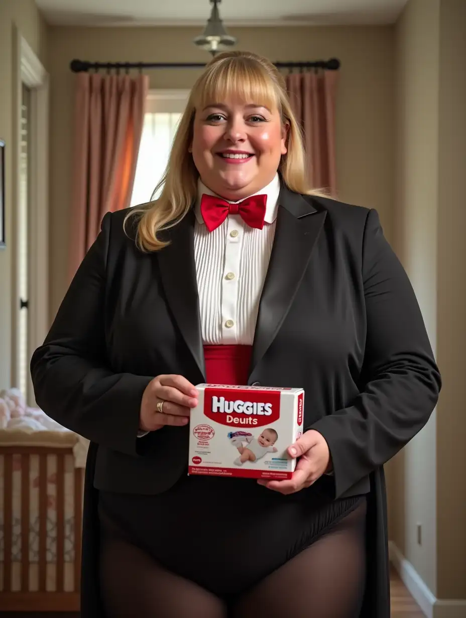 photo realistic, sweet smiling middle-aged larger plump obese body type with large wide hips Caucasian female woman, with long blonde pulled back hair with bangs, wearing a very formal orchestra concert tuxedo with black long sleeve high cut cropped Eton jacket, white tuxedo shirt, with a high standing wingtip collar, and many thick vertical pleats front, red diamond point bow tie with red adjustable neckband, red cummerbund, black tight high cut spandex brief, nylons, high heels, looking at viewer while presenting a large white and red box of Huggies, in a nursery, full body front view.