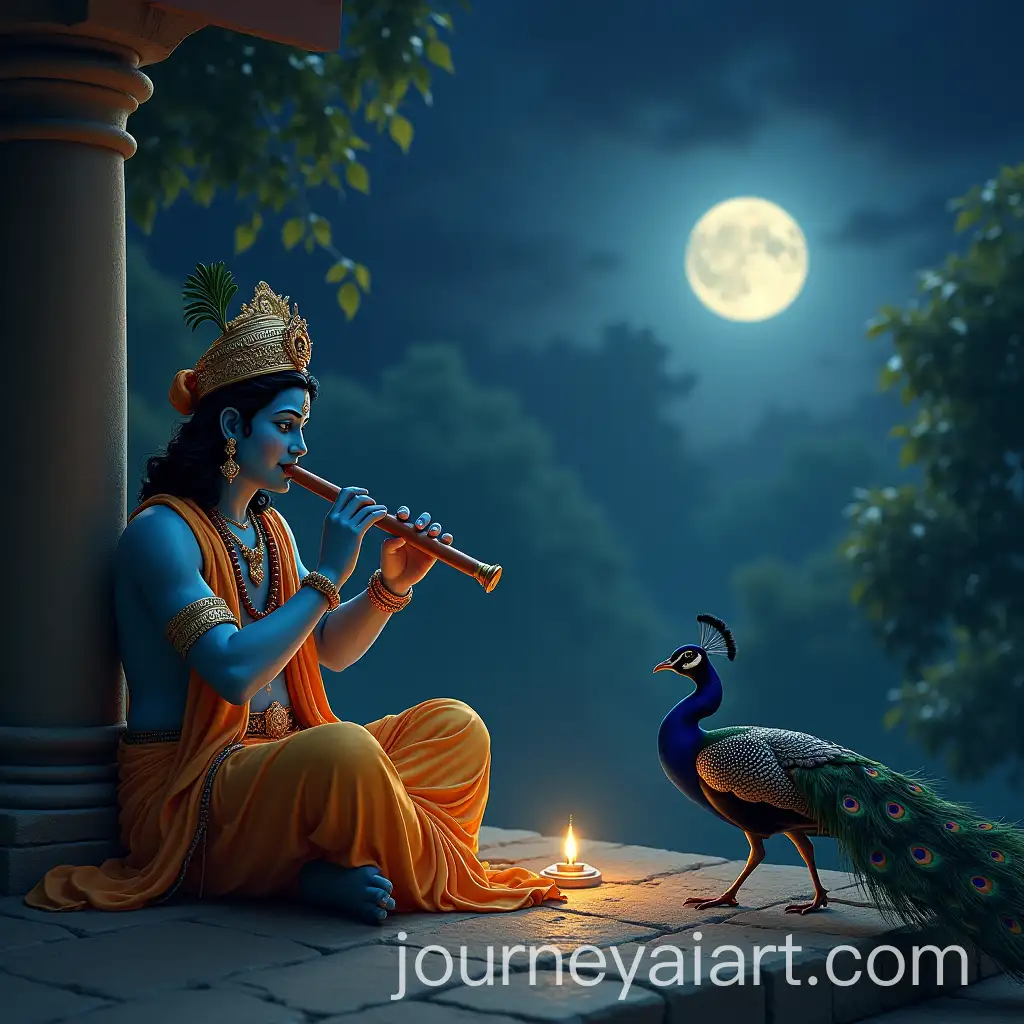 Lord-Krishna-Playing-Flute-Under-Moonlight-with-Peacock-Near-Temple