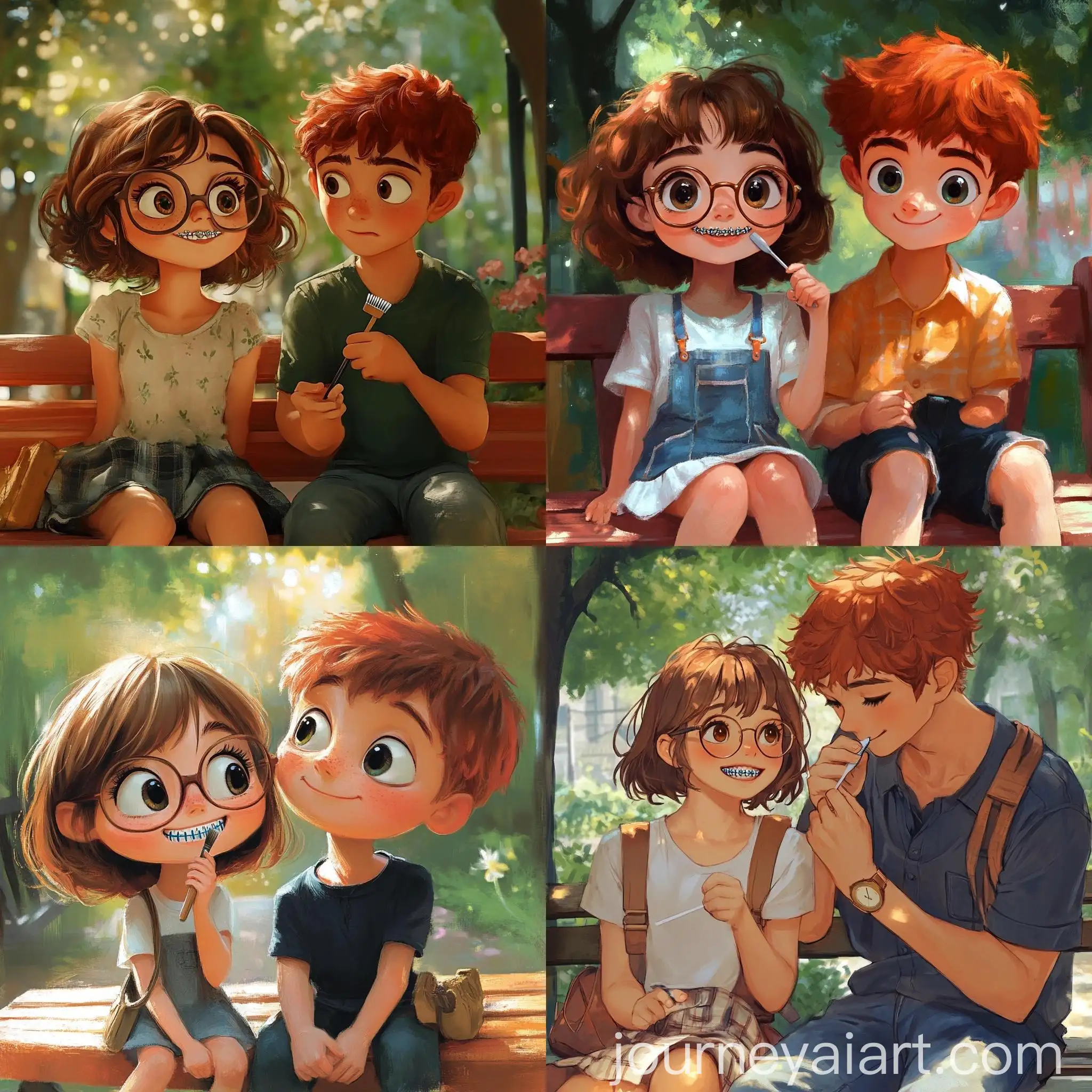 Boy-Cleaning-Girls-Braces-on-Bench-in-Summer