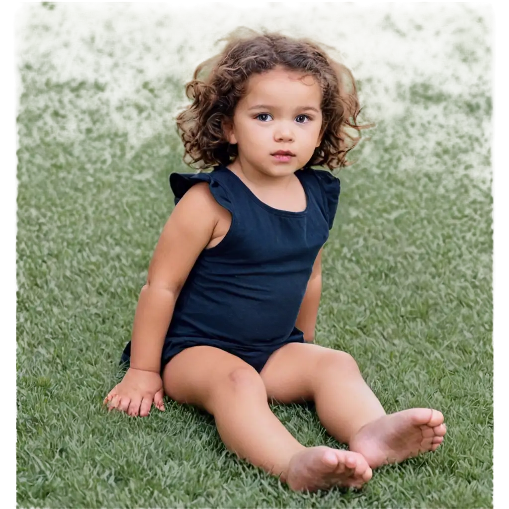 2YearOld-Girl-with-Brown-Eyes-and-Curly-Hair-Sitting-on-a-Green-Lawn-PNG-Image-for-HighQuality-Digital-Use