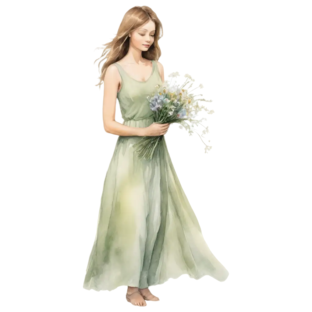 Faceless-Woman-Embracing-Wildflowers-in-Pastel-Green-Dress-Watercolor-PNG-Image