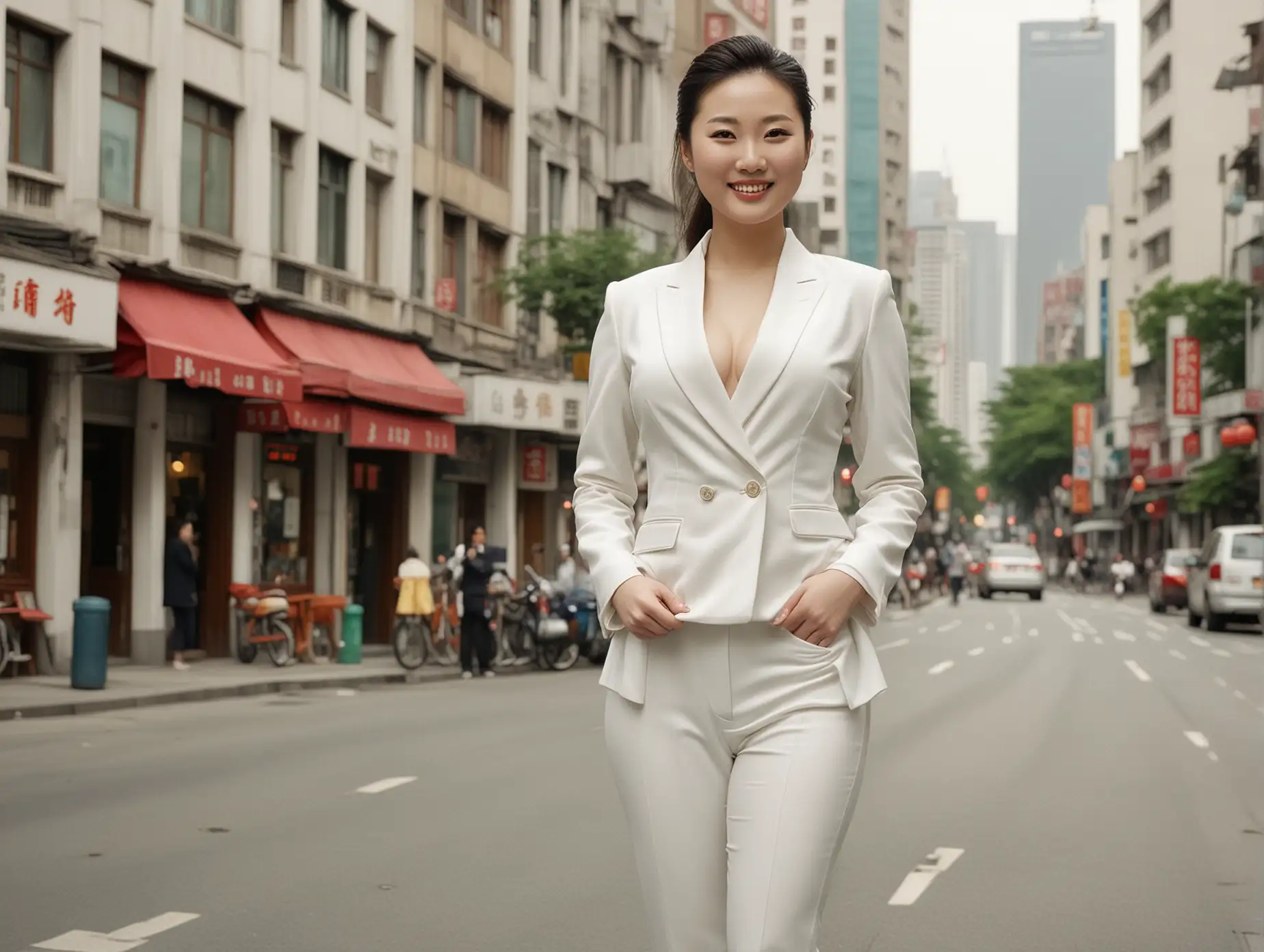 Beautiful-Chinese-Woman-in-White-Suit-Smiling-on-Shanghai-Street