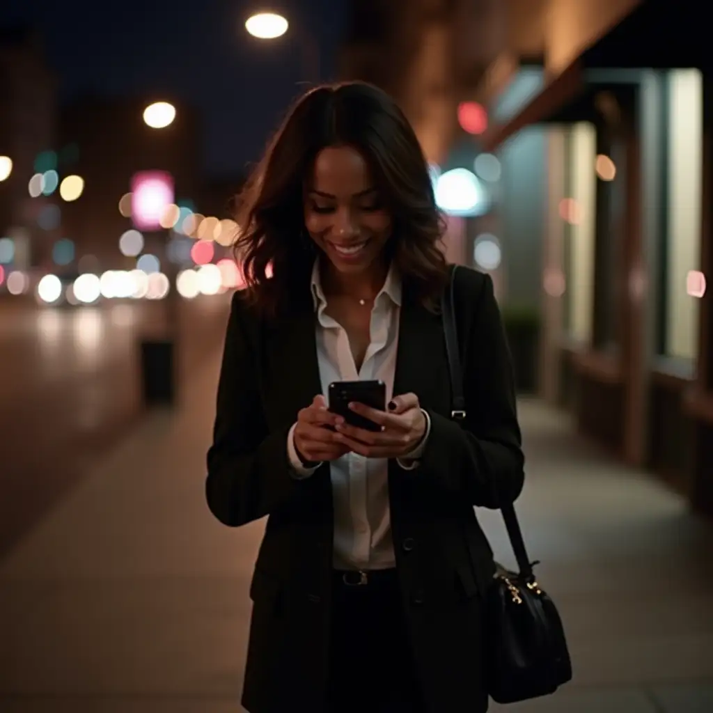 Stylish African American Woman Walking City Sidewalk at Night