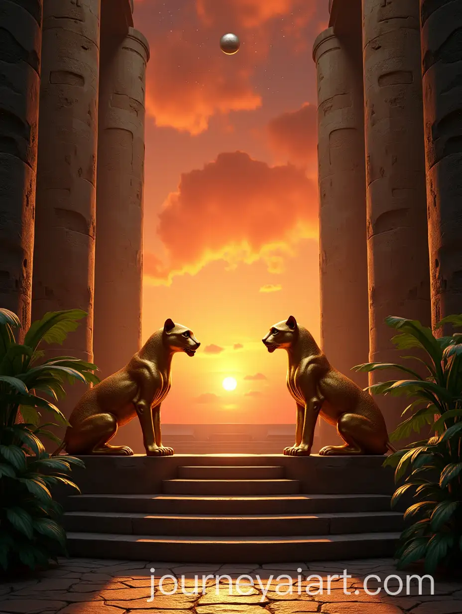 Surreal-SymAI-Image-Expansion-SEOmetrical-Scene-with-Golden-Panther-Statues-in-Tropical-Ancient-Temple-at-Sunset