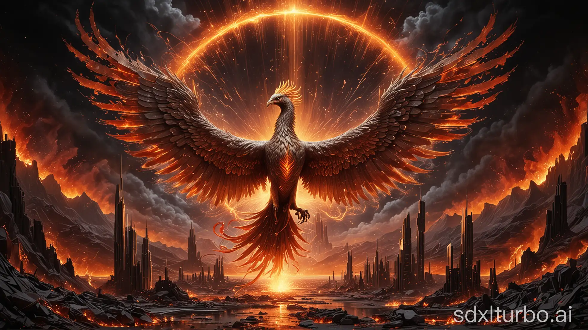 Glowing-Phoenix-Rising-from-Embers-with-Futuristic-Industrial-Backdrop-and-Metallic-PNS-Group-Title