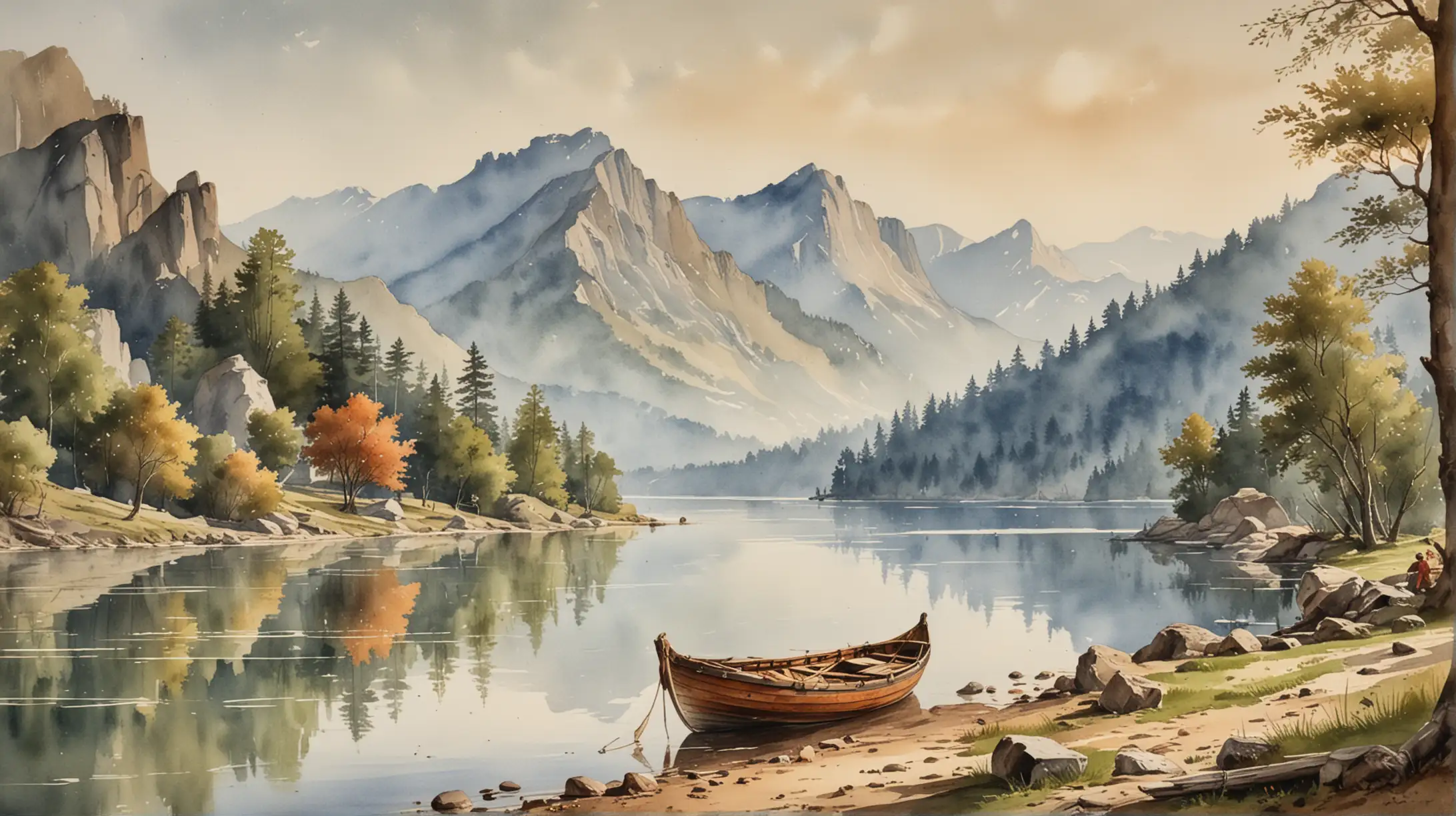 Scenic 18th Century Watercolor Wooden Boat on Lake with Mountain View