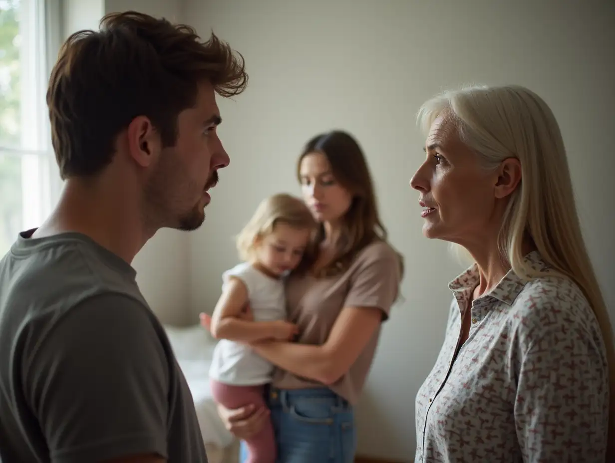 A young man in his 30s and an adult mother in her 60s are arguing heavily in a room. In the background between them stands a young woman with her arms crossed on her chest together with a small child.