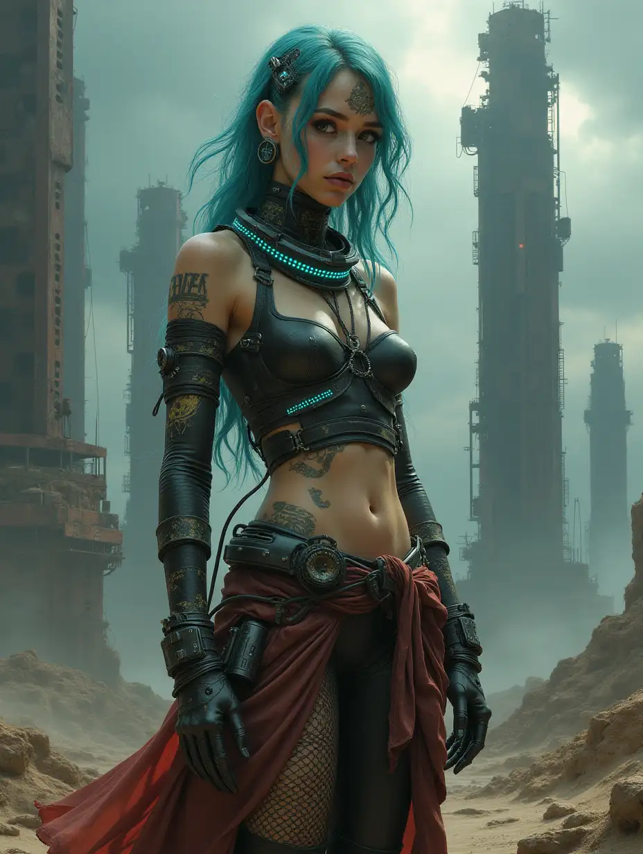 A highly detailed, digital painting of a cybernetically enhanced, androgynous figure in a post-apocalyptic wasteland. The figure is adorned with bioluminescent tattoos and implants, and their clothing is a mix of tattered remnants and advanced, synthetic materials. The background is a desolate, barren landscape with towering, rusted skyscrapers and a stormy sky. Dramatic lighting, cinematic composition, 8k resolution. Art by both Alphonse Mucha and Simon Stålenhag.