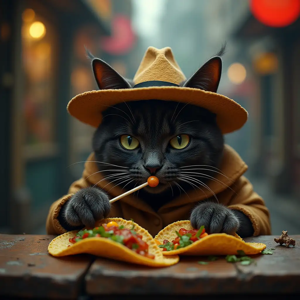 Cat detective eating tacos in the slums