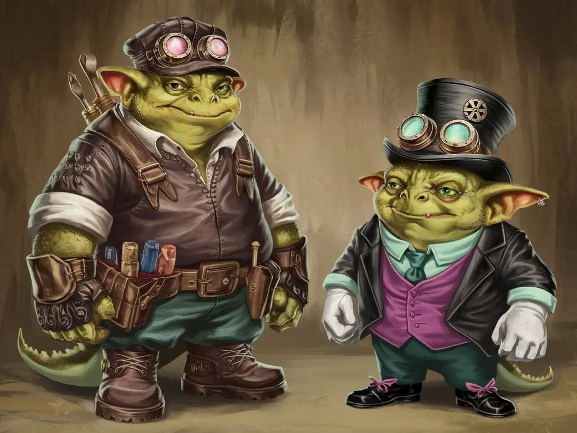 Videogame fantasy character concept painting splash, depicting two short lizardfolk D&D kobold brothers, with olive-green scales and crocodilian tails. The taller brother has grey eyes, wears predominantly dark brown steampunk laborer leather clothes, including a matching cap with light red-tinted goggles, a white shirt with rolled-up sleeves, and armored Timberland boots, and is carrying steampunk tools. The shorter brother has yellow eyes, and dresses in a black steampunk suit, with a black stovepipe hat with seafoam-tinted goggles on top, white gloves, a loud mint-green shirt, deep seafoam tie, fuchsia vest, and black dress shoes with fuchsia shoelaces. Both characters are questionable goods merchants, running a workshop in a D&D steampunk setting.