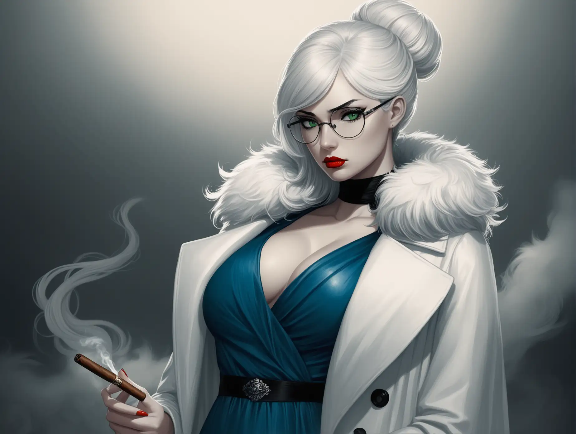 Woman, Good figure, green eyes, big breast, white hair, hair in a bun, frowning, crossed arms, glasses, blue dress, cigar mouthpiece, white coat with fur collar, eyes with black eyeliner, red lipstick, full length, Charlie Bowater, Fantasy, cigarette in mouth