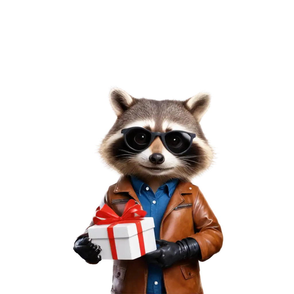 Raccoon-in-Glasses-and-Leather-Jacket-Holding-a-Gift-PNG-Image-for-Clear-and-HighQuality-Visuals