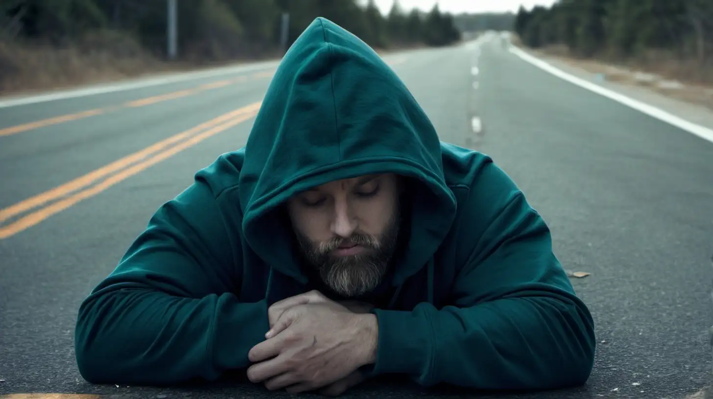 Bearded Man Asleep in Hooded Sweatshirt on Roadside