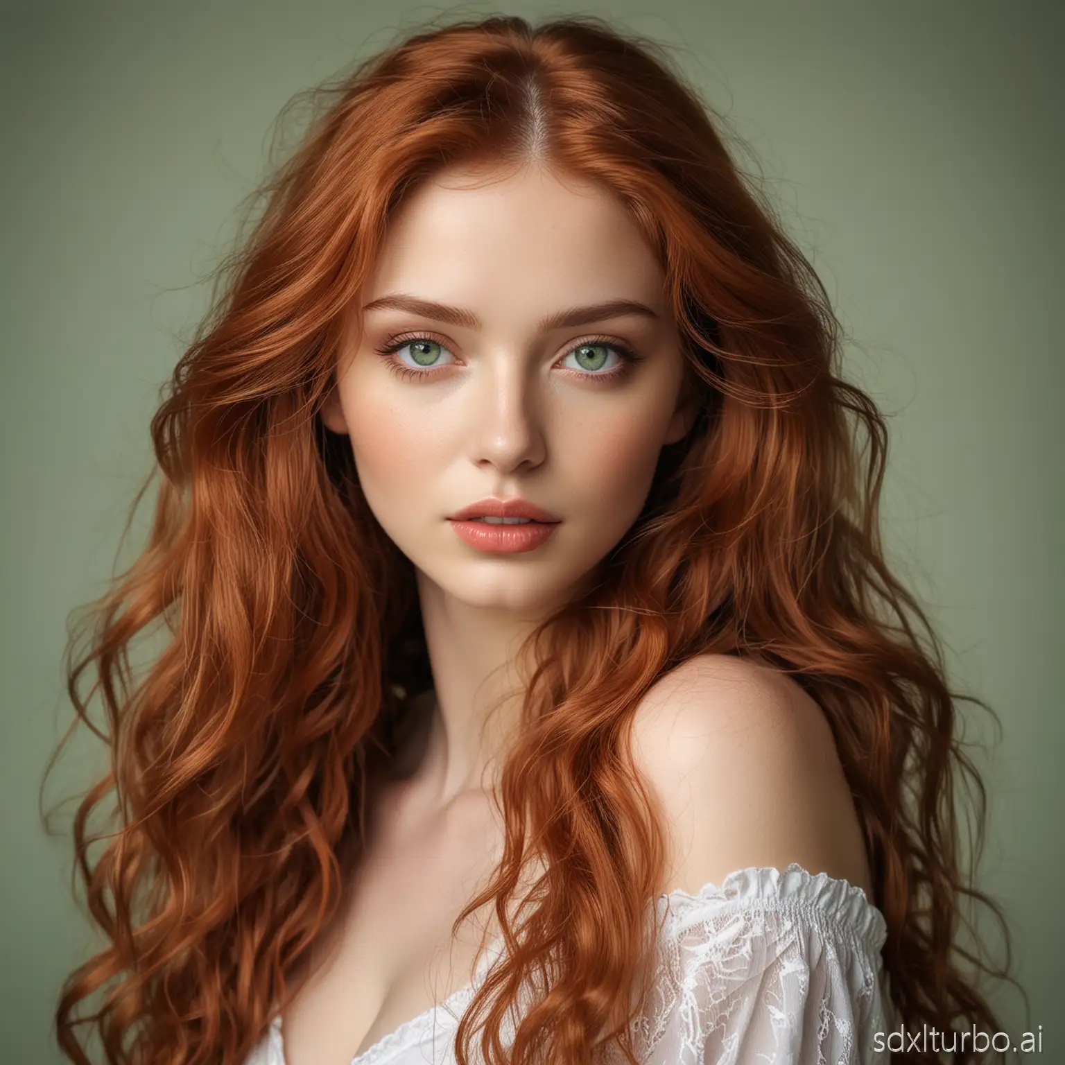 A young European woman, fair skin, long wavy red hair, captivating green eyes, slender body with attractive curves, soft feminine features, full lips, elegant makeup