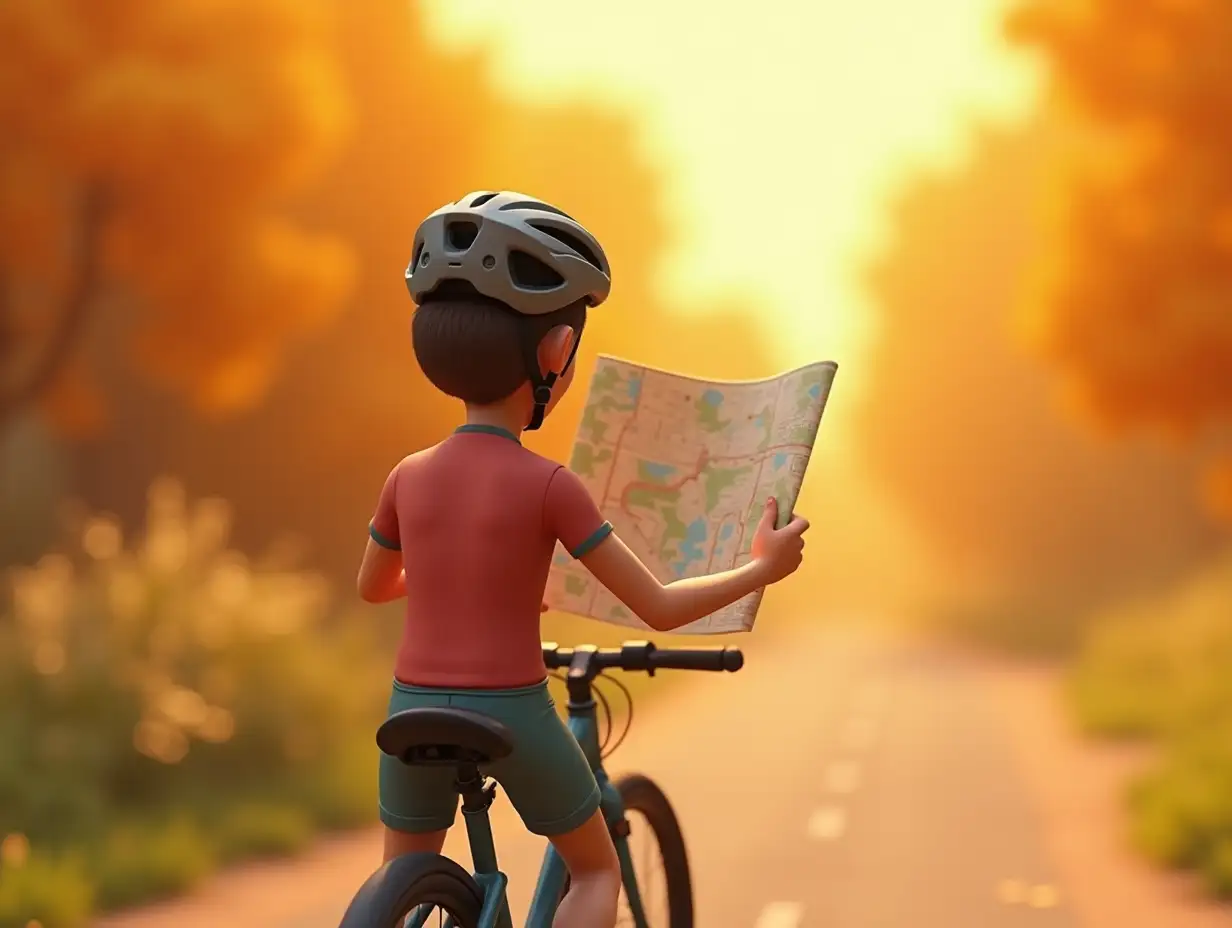 Cyclist-Examining-Map-in-Warm-Playful-3D-Animated-Scene