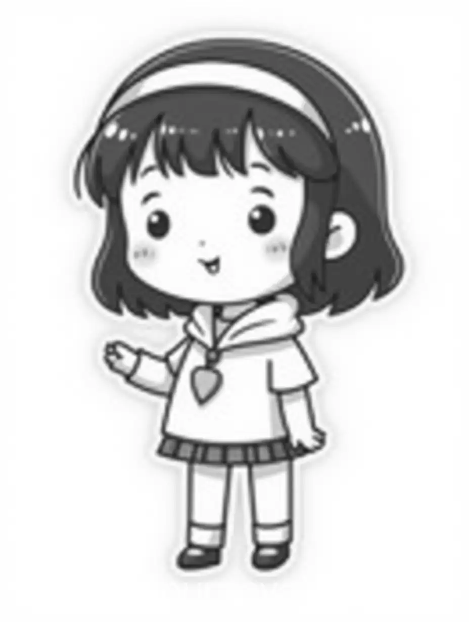 Adorable-Cartoon-Girl-Sticker-in-Monochrome-Style